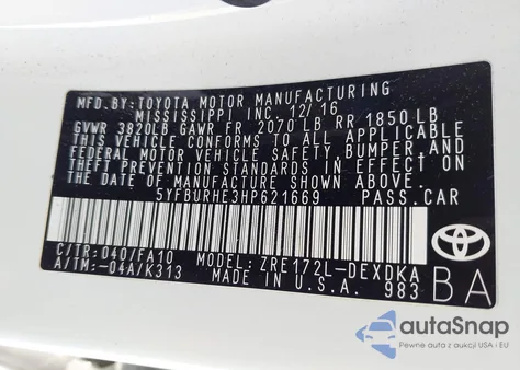 2017 Toyota Corolla L from USA, damaged, VIN 5YFBURHE3HP621669